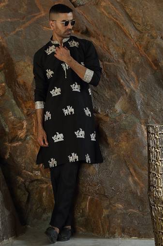 Cotton silk ethnic motifs embroidered black kurta with trouser pant