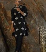Cotton silk ethnic motifs embroidered black kurta with trouser pant