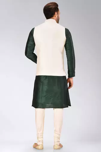 Cream dupon art silk kurta, jacket with matching churidar