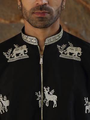 Cotton silk ethnic motifs embroidered black kurta with trouser pant 2