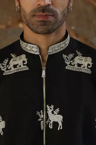 Cotton silk ethnic motifs embroidered black kurta with trouser pant