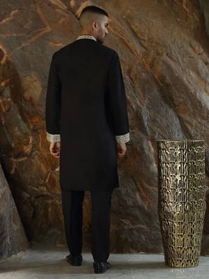Cotton silk ethnic motifs embroidered black kurta with trouser pant 3