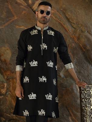 Cotton silk ethnic motifs embroidered black kurta with trouser pant 4