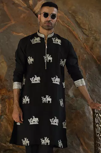 Cotton silk ethnic motifs embroidered black kurta with trouser pant