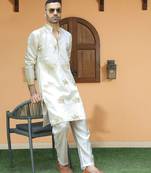Cotton silk ethnic motifs embroidered cream kurta with trouser pant