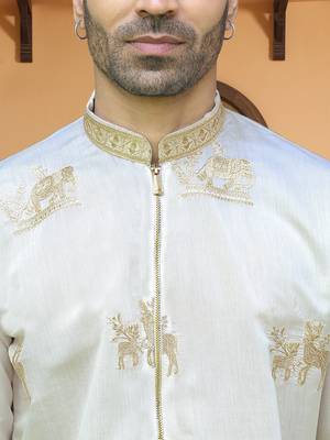 Cotton silk ethnic motifs embroidered cream kurta with trouser pant 2