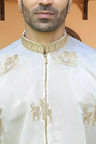 Cotton silk ethnic motifs embroidered cream kurta with trouser pant