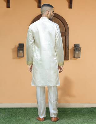Cotton silk ethnic motifs embroidered cream kurta with trouser pant 3