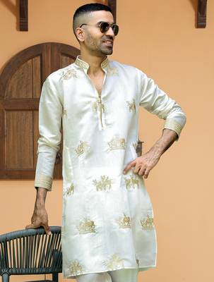 Cotton silk ethnic motifs embroidered cream kurta with trouser pant 4