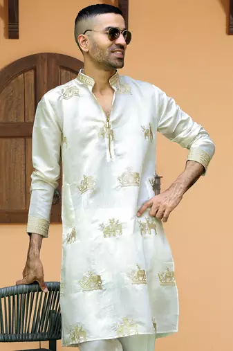 Cotton silk ethnic motifs embroidered cream kurta with trouser pant