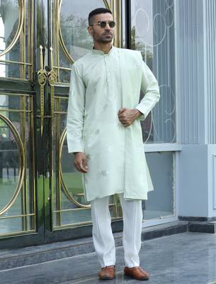 Cotton silk yoke design embroidered green kurta and trouser pant with dupatta 1