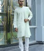 Cotton silk yoke design embroidered green kurta and trouser pant with dupatta