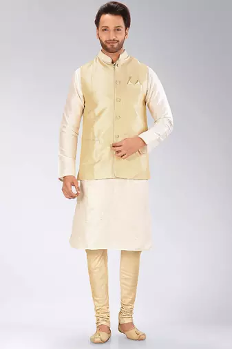 Fawn dupon art silk kurta, jacket with matching churidar