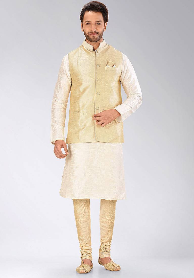 Fawn dupon art silk kurta, jacket with matching churidar