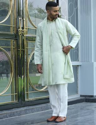 Cotton silk yoke design embroidered green kurta and trouser pant with dupatta 5