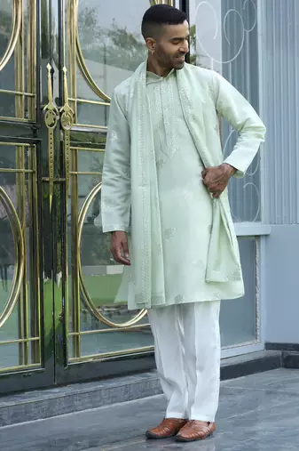 Cotton silk yoke design embroidered green kurta and trouser pant with dupatta