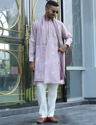 Cotton silk yoke design embroidered mauve kurta and trouser pant with dupatta 1