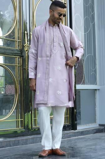 Cotton silk yoke design embroidered mauve kurta and trouser pant with dupatta