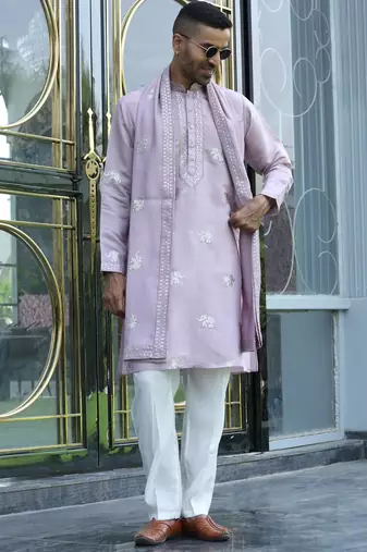 Cotton silk yoke design embroidered mauve kurta and trouser pant with dupatta