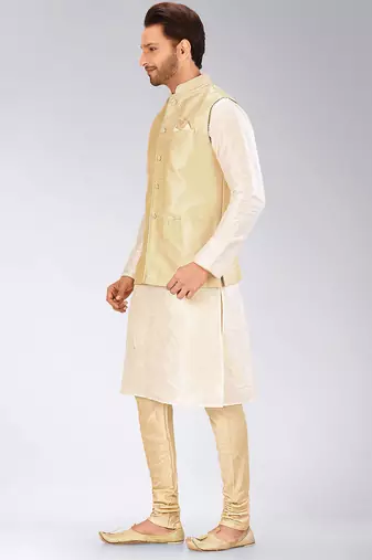Fawn dupon art silk kurta, jacket with matching churidar