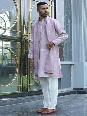 Cotton silk yoke design embroidered mauve kurta and trouser pant with dupatta 4