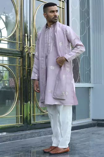 Cotton silk yoke design embroidered mauve kurta and trouser pant with dupatta