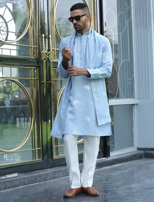 Cotton silk yoke design embroidered sky blue kurta and trouser pant with dupatta 1