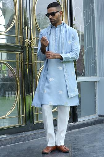 Cotton silk yoke design embroidered sky blue kurta and trouser pant with dupatta