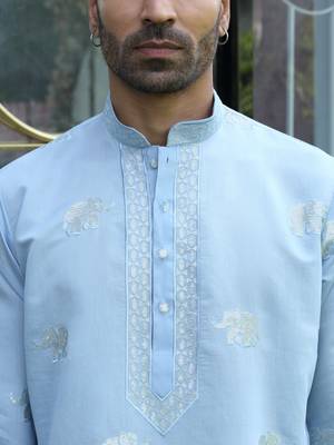 Cotton silk yoke design embroidered sky blue kurta and trouser pant with dupatta 2