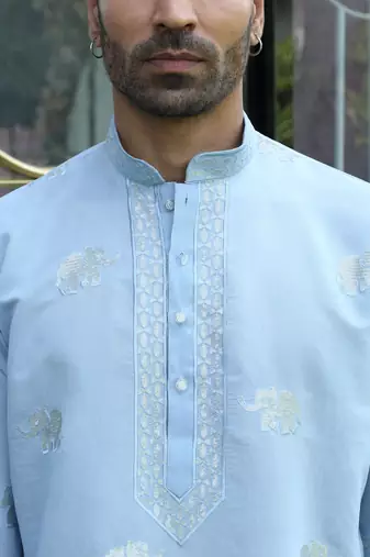 Cotton silk yoke design embroidered sky blue kurta and trouser pant with dupatta