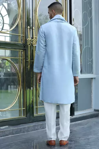 Cotton silk yoke design embroidered sky blue kurta and trouser pant with dupatta