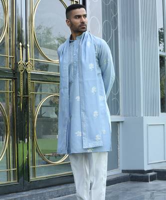 Cotton silk yoke design embroidered sky blue kurta and trouser pant with dupatta 5