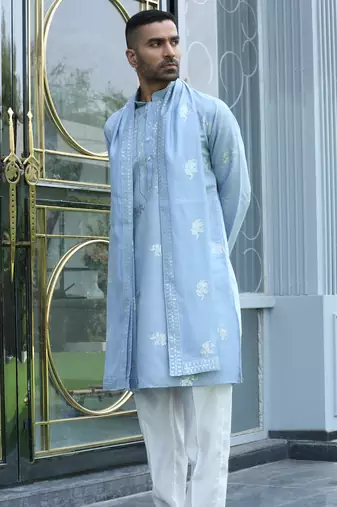 Cotton silk yoke design embroidered sky blue kurta and trouser pant with dupatta