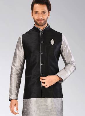 Black dupon art silk nehru jacket with pipepin work 1