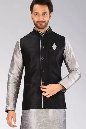 Black dupon art silk nehru jacket with pipepin work