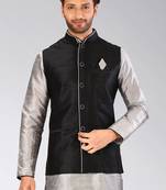 Black dupon art silk nehru jacket with pipepin work