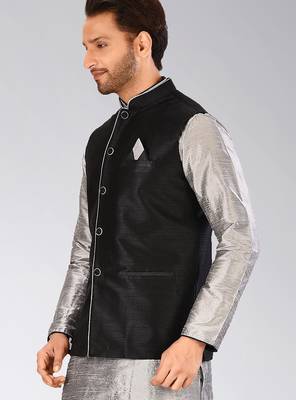Black dupon art silk nehru jacket with pipepin work 3