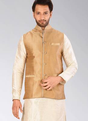Beige dupon art silk nehru jacket with pipepin work 1