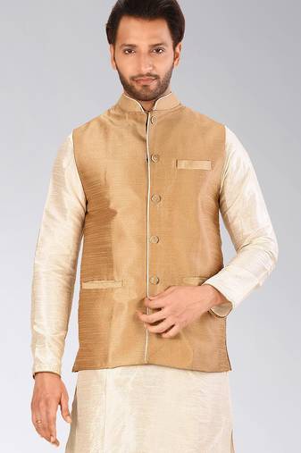 Beige dupon art silk nehru jacket with pipepin work