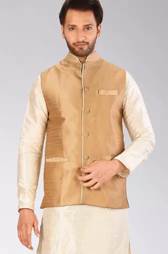 Beige dupon art silk nehru jacket with pipepin work