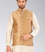 Beige dupon art silk nehru jacket with pipepin work