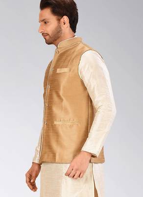 Beige dupon art silk nehru jacket with pipepin work 3