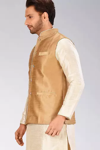 Beige dupon art silk nehru jacket with pipepin work