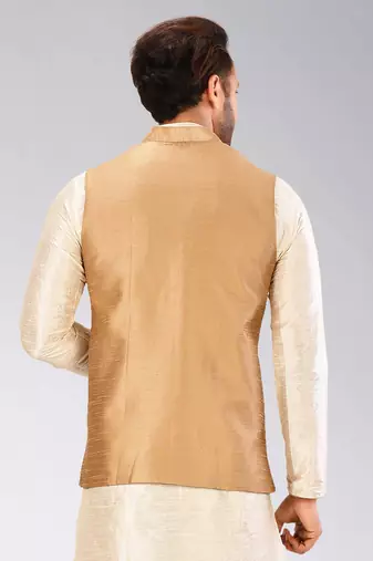 Beige dupon art silk nehru jacket with pipepin work