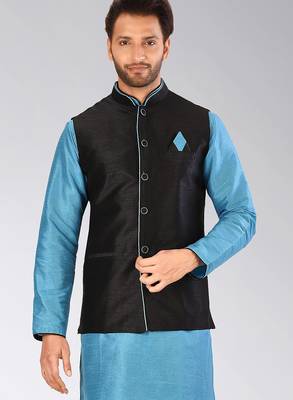 Black dupon art silk nehru jacket with pipepin work 1