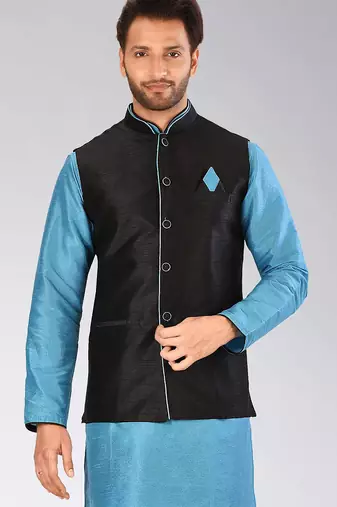 Black dupon art silk nehru jacket with pipepin work