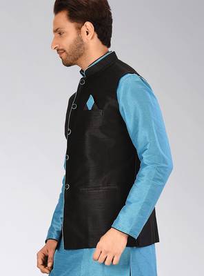 Black dupon art silk nehru jacket with pipepin work 3