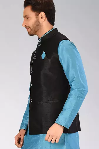 Black dupon art silk nehru jacket with pipepin work