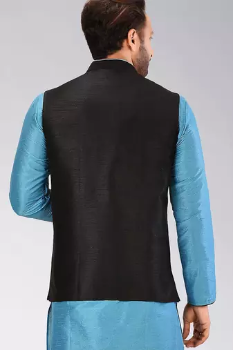 Black dupon art silk nehru jacket with pipepin work