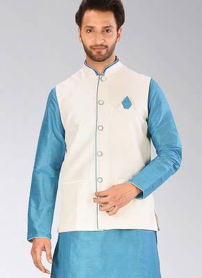 Cream dupon art silk nehru jacket with pipepin work 1